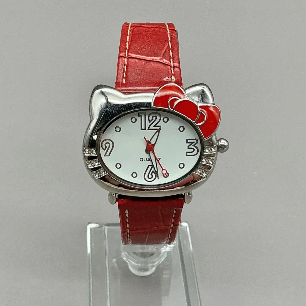 Sanrio Hello Kitty Watch Women's 2007 Red Strap Crystal Silver 38mm NEW BATTERY